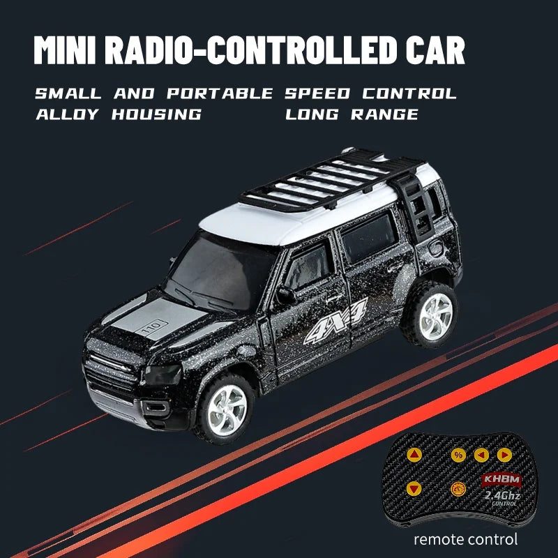 A black mini radio-controlled car is shown driving on a dark surface, with a remote control visible nearby.