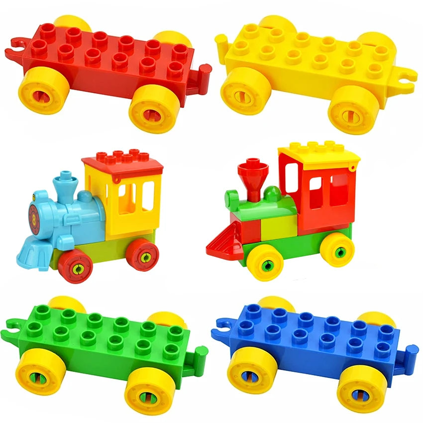 A set of large building block traffic vehicles in red, yellow, and green colors.