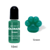 A green liquid pigment in a glass bottle with a black cap labeled as Oloran Green for candle and soap making.