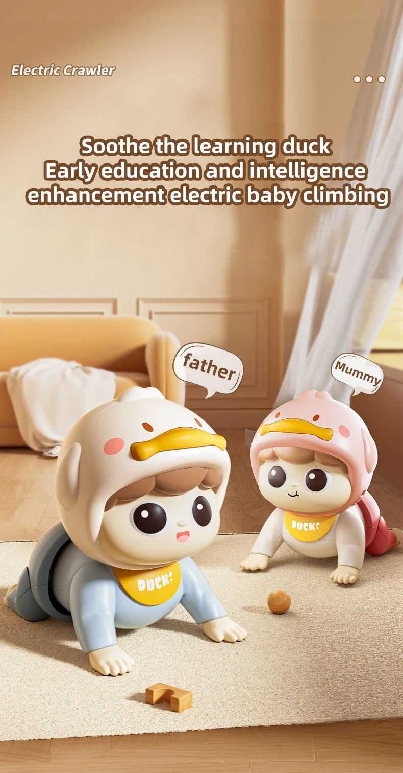 A set of three baby climbing dolls featuring a father, mummy, and duck in various poses on a floor.
