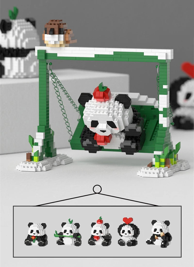 A LEGO-style building block set featuring a panda character standing on a green frame.