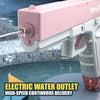 A pink electric water blaster gun is shown spraying water, demonstrating high-speed continuous delivery for outdoor fun.