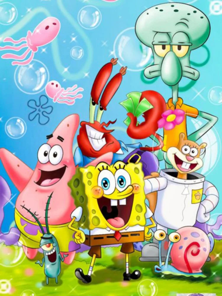 A colorful illustration featuring characters from SpongeBob SquarePants in a diamond painting style.