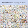 A showcase of 50 sheets of retro aesthetic stickers for DIY crafting.