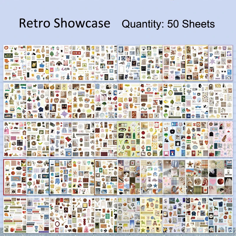 A showcase of 50 sheets of retro aesthetic stickers for DIY crafting.