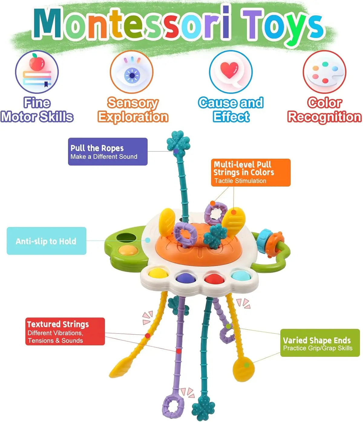Juguete de chupete y mordedor de cuerda de silicona con múltiples cuerdas de colores y extremos texturizados para estimulació