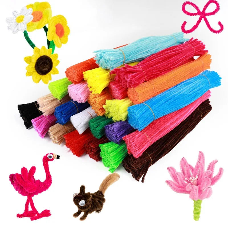 A collection of 100 colorful pipe cleaners in various shades and textures for DIY crafts.