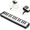 A black 32-key portable melodica keyboard with a white carrying bag and accessory shown in detail.