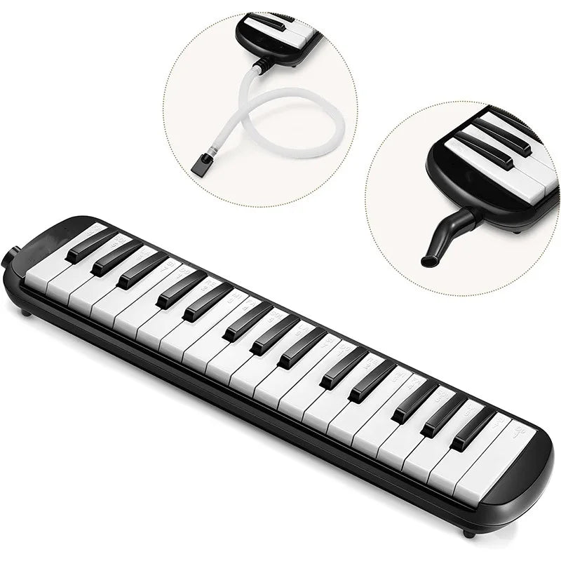 A black 32-key portable melodica keyboard with a white carrying bag and accessory shown in detail.