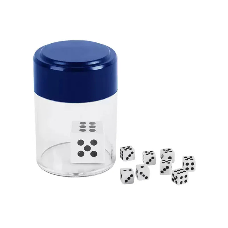A clear plastic cube with a blue lid and several dice inside.