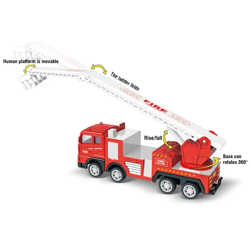 A red diecast fire truck toy with a folding ladder and water cannon, demonstrating a movable human platform.