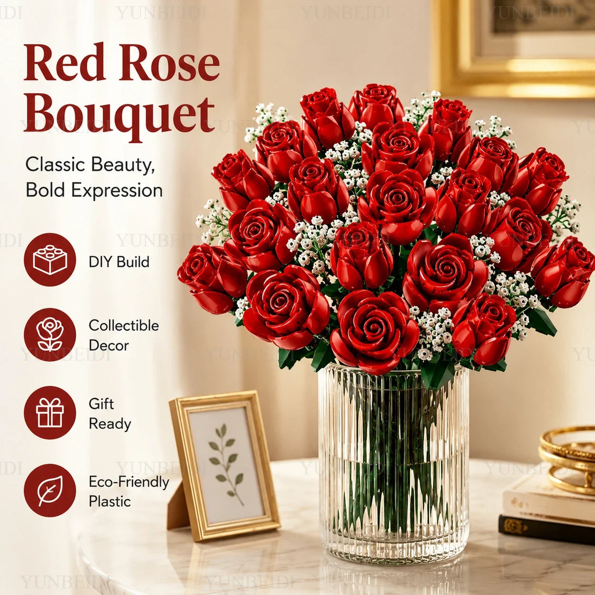A vibrant red rose bouquet made from a DIY building block kit displayed in a glass vase.