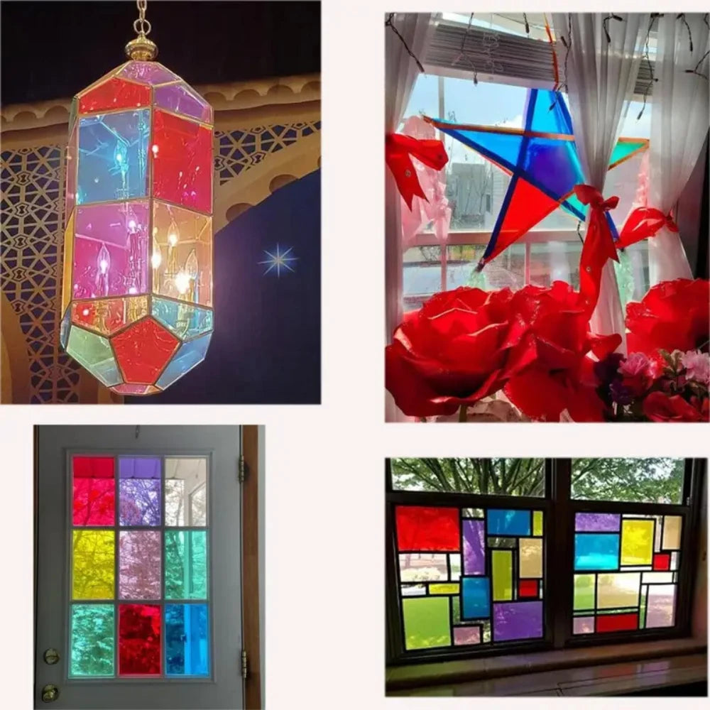 A collection of transparent colored PVC sheets in various hues displayed in a window frame.