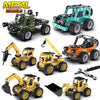 A collection of metal building block models featuring off-road vehicles and excavators in various colors.