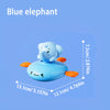 A blue elephant frog water wheel bath toy for toddlers shown with various size measurements.