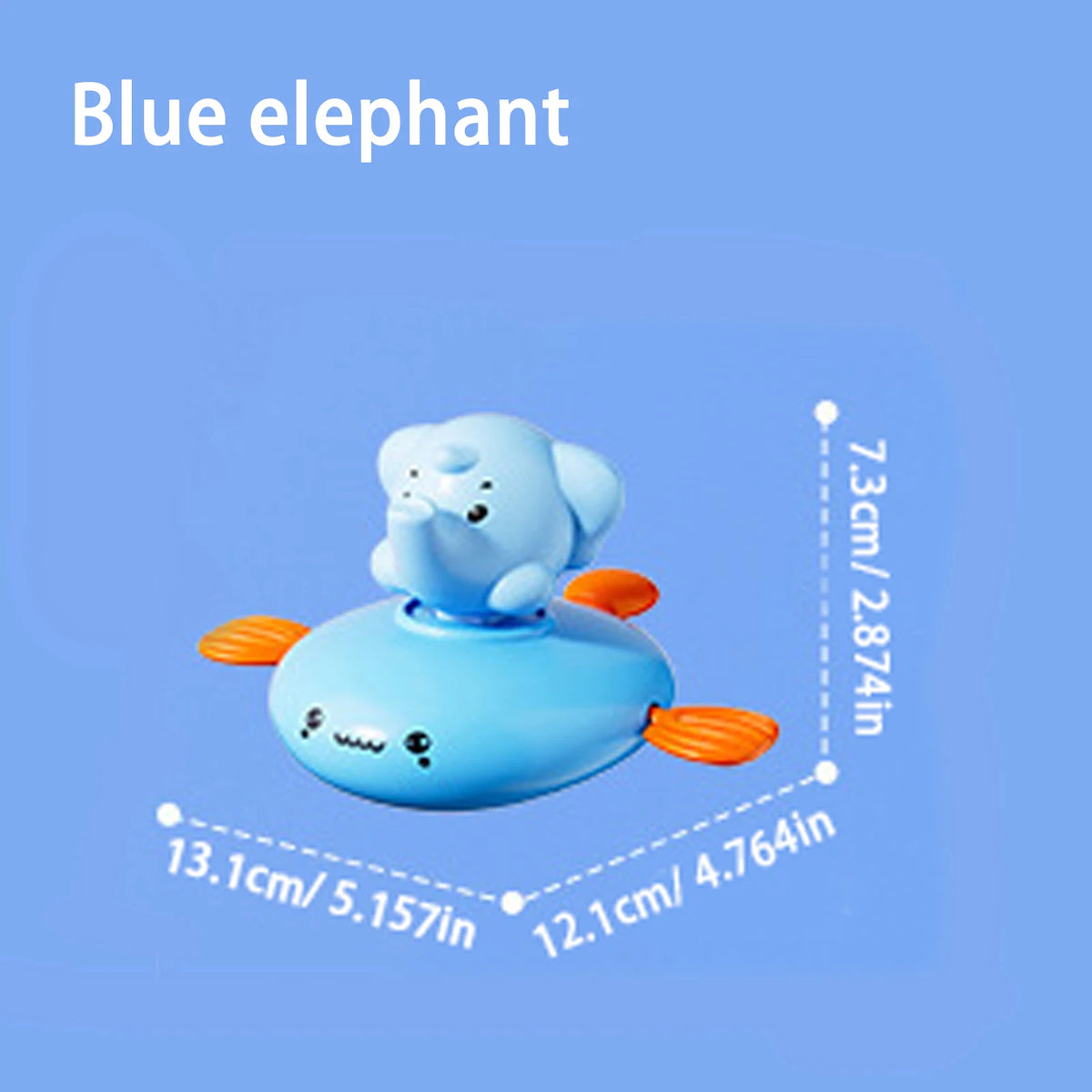 A blue elephant frog water wheel bath toy for toddlers shown with various size measurements.