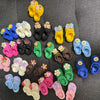 A collection of colorful fashion slippers for 1/6 BJD dolls, including yellow, pink, blue, and green styles.