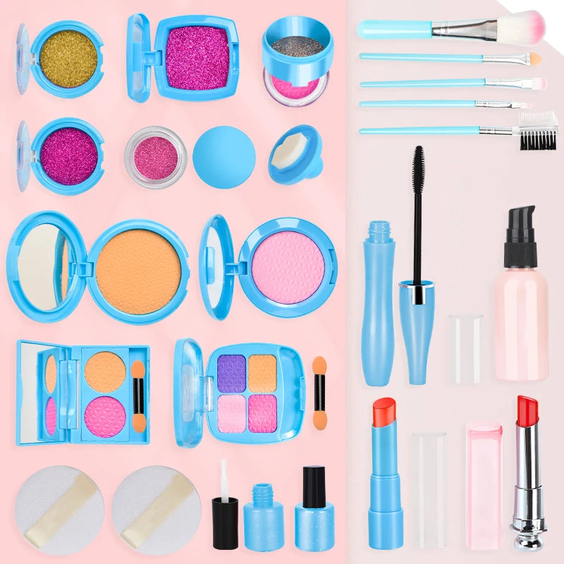 A collection of kids pretend play makeup items including mirrors, eyeshadows, lipsticks, and brushes in various colors.