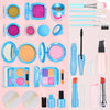 A collection of kids pretend play makeup items including mirrors, eyeshadows, lipsticks, and brushes in various colors.