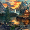 A scenic painting of a mountain cabin overlooking a lake with waterfalls and forested mountains.