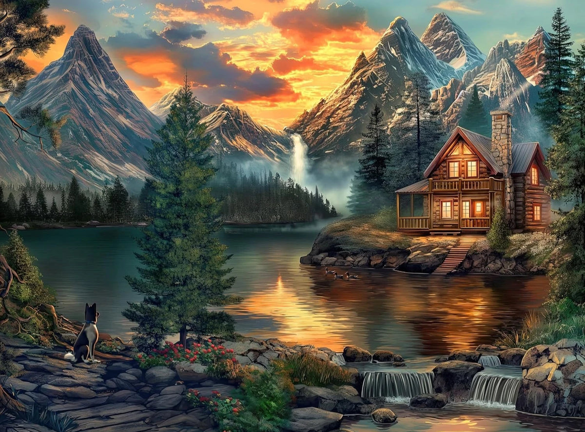 A scenic painting of a mountain cabin overlooking a lake with waterfalls and forested mountains.