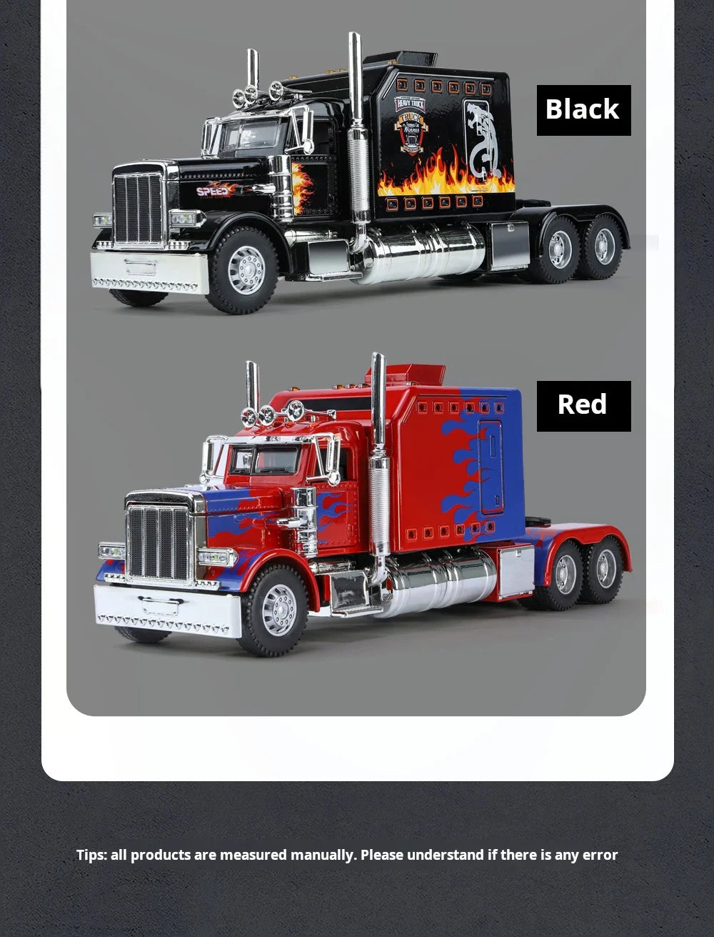 A black Peterbilt 389 diecast truck model with lights and sound, shown in a side profile.