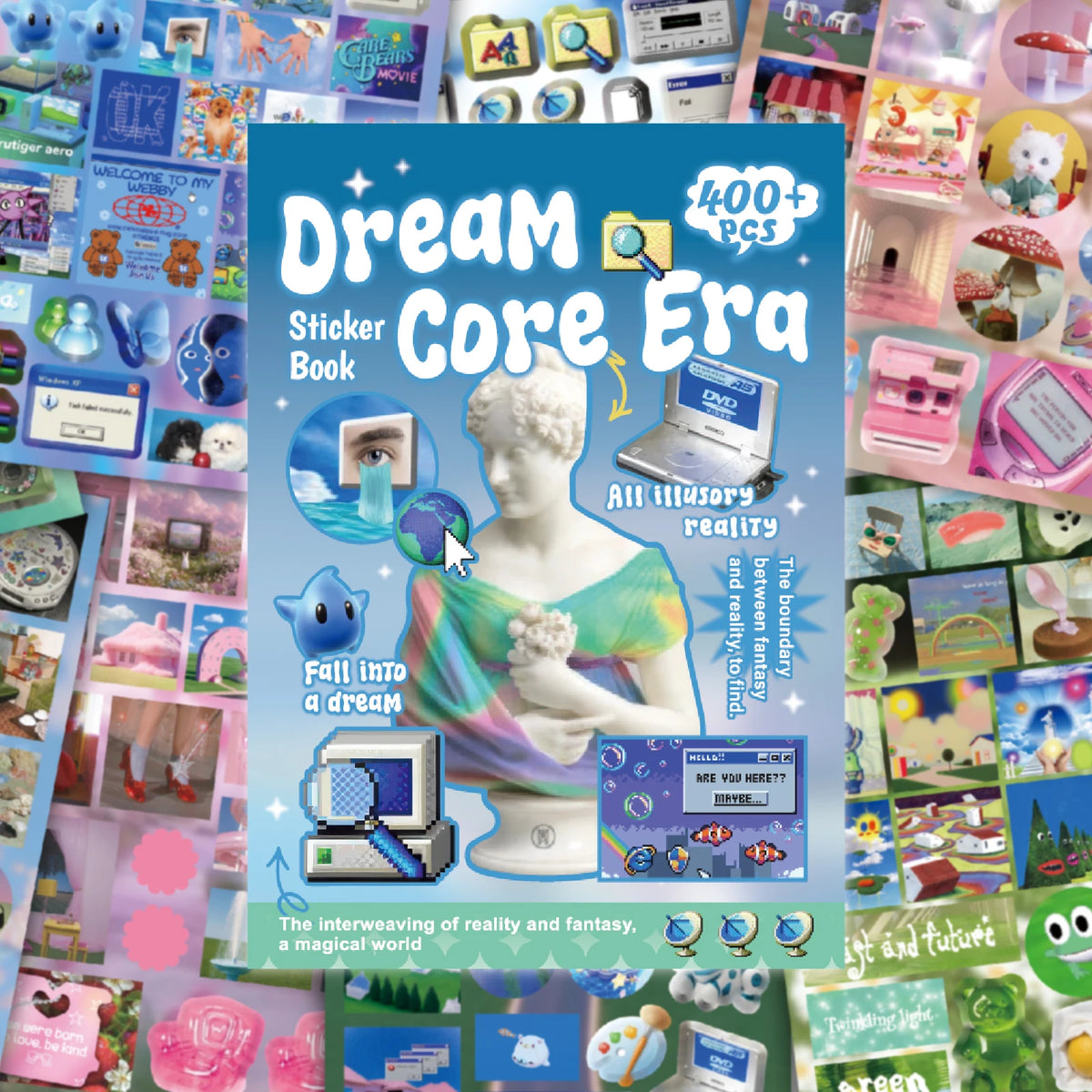 دفتر تذكارات ملون يحتوي على ملصقات وكتاب بعنوان Dream Core Era مع رسومات لامرأة ومستلزمات مختلفة.