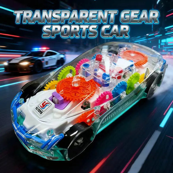 A transparent sports car model toy featuring rotating gears and various colorful components.