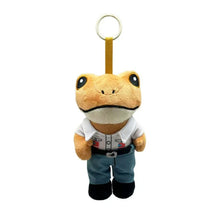 A plush toy of Bad Bunny El Sapo Concho with a yellow hanging loop.
