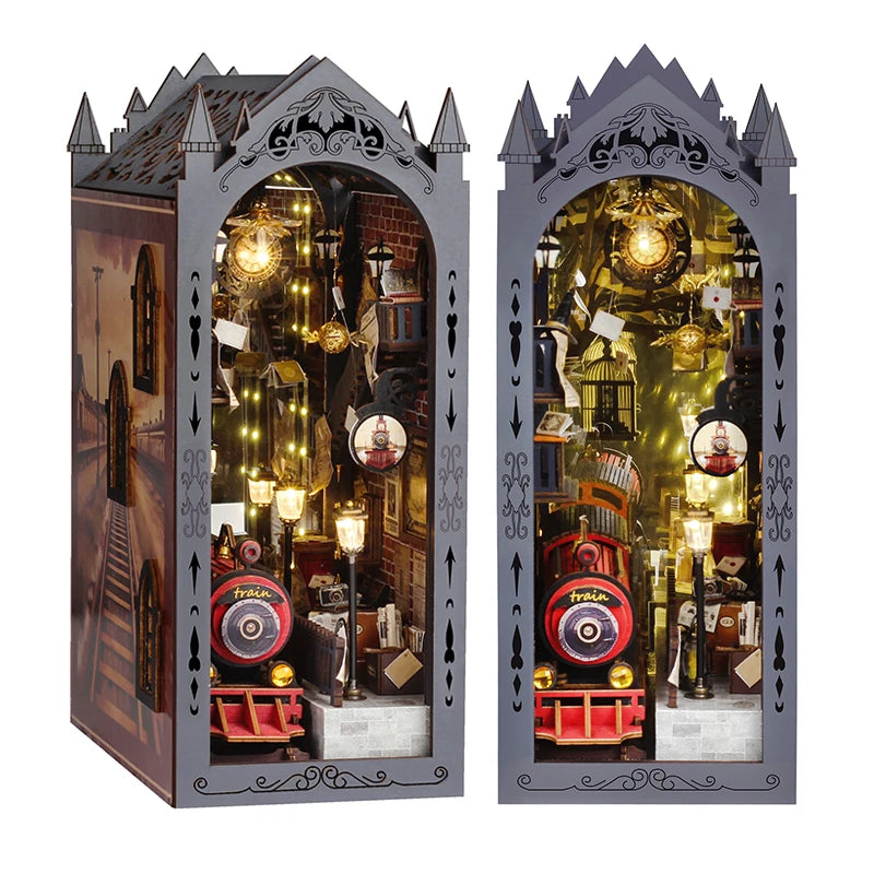 A DIY wooden book nook kit featuring an arched window display with intricate details and LED lights.