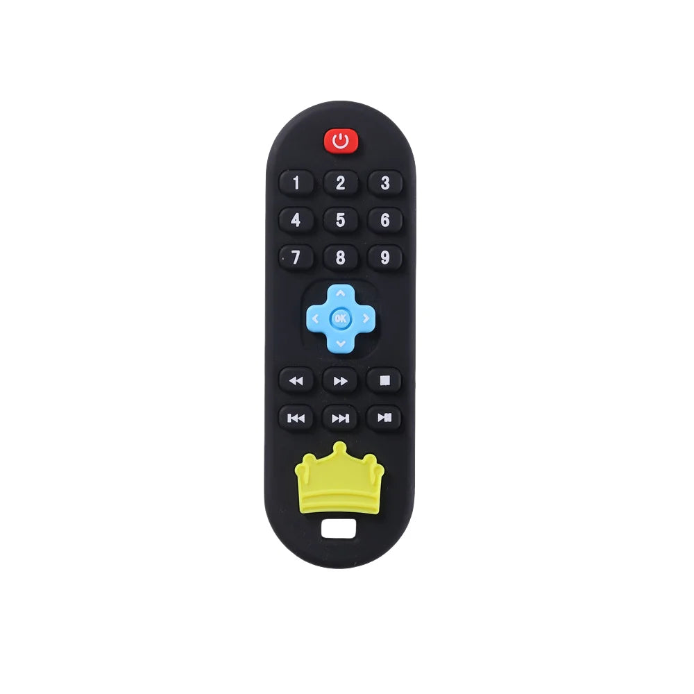 A black silicone teething stick with numbered buttons and a central blue button.