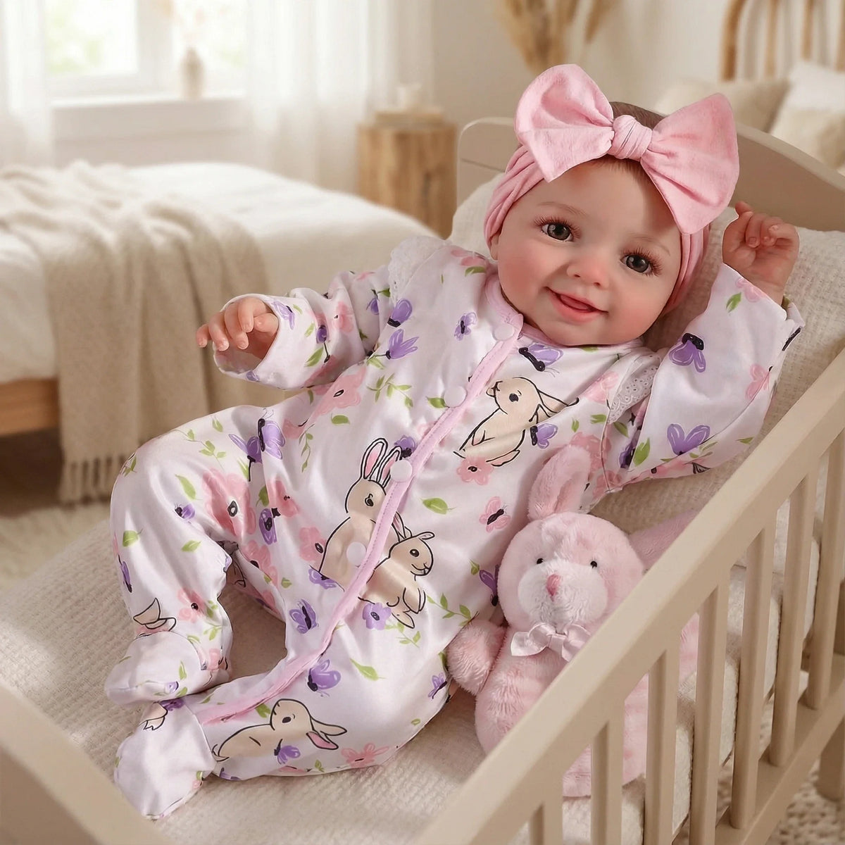 A baby doll wearing a pink bow and floral pajamas is lying in a wooden crib.