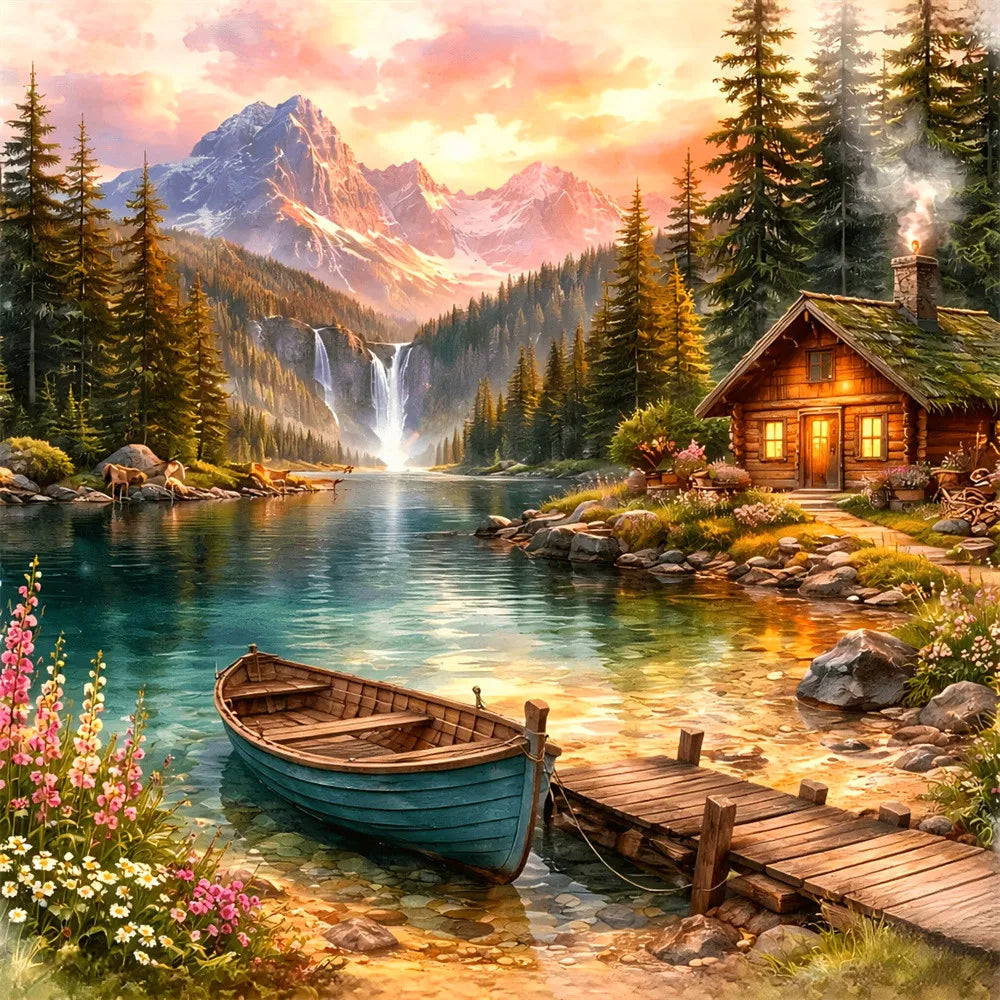 A scenic mountain landscape featuring a waterfall, evergreen trees, and a wooden boat on a clear blue lake.