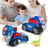 A blue transforming dinosaur robot car toy with lights and sounds is shown next to two children.