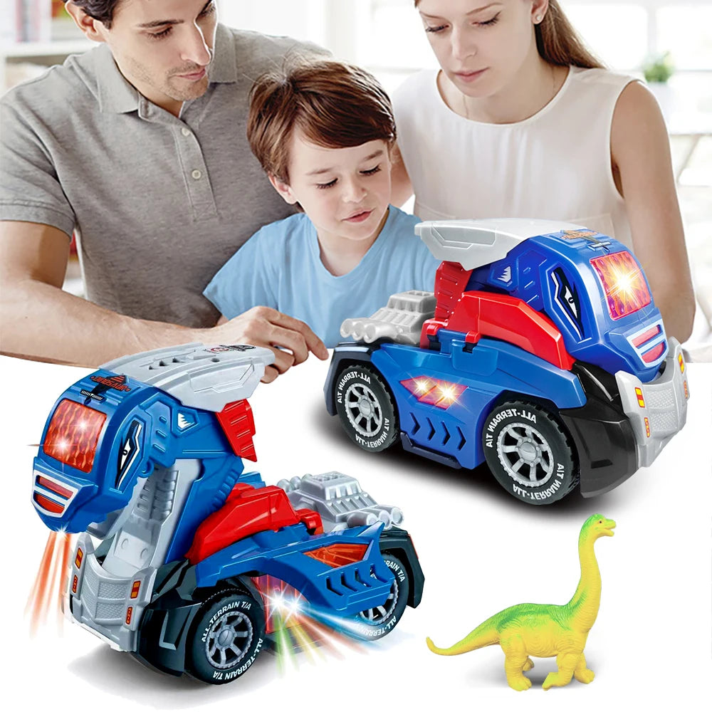 A blue transforming dinosaur robot car toy with lights and sounds is shown next to two children.
