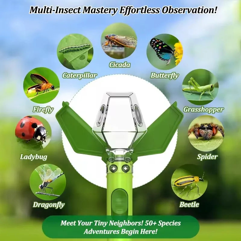 A handheld green insect catcher tool showing various insects like caterpillars, butterflies, and spiders.