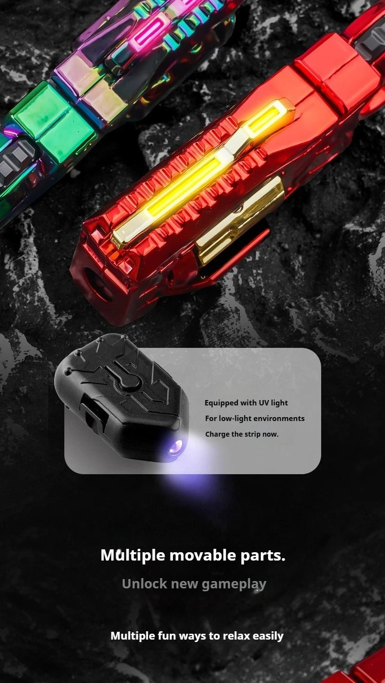 Red and green metal gun-shaped fidget slider with UV light for stress relief