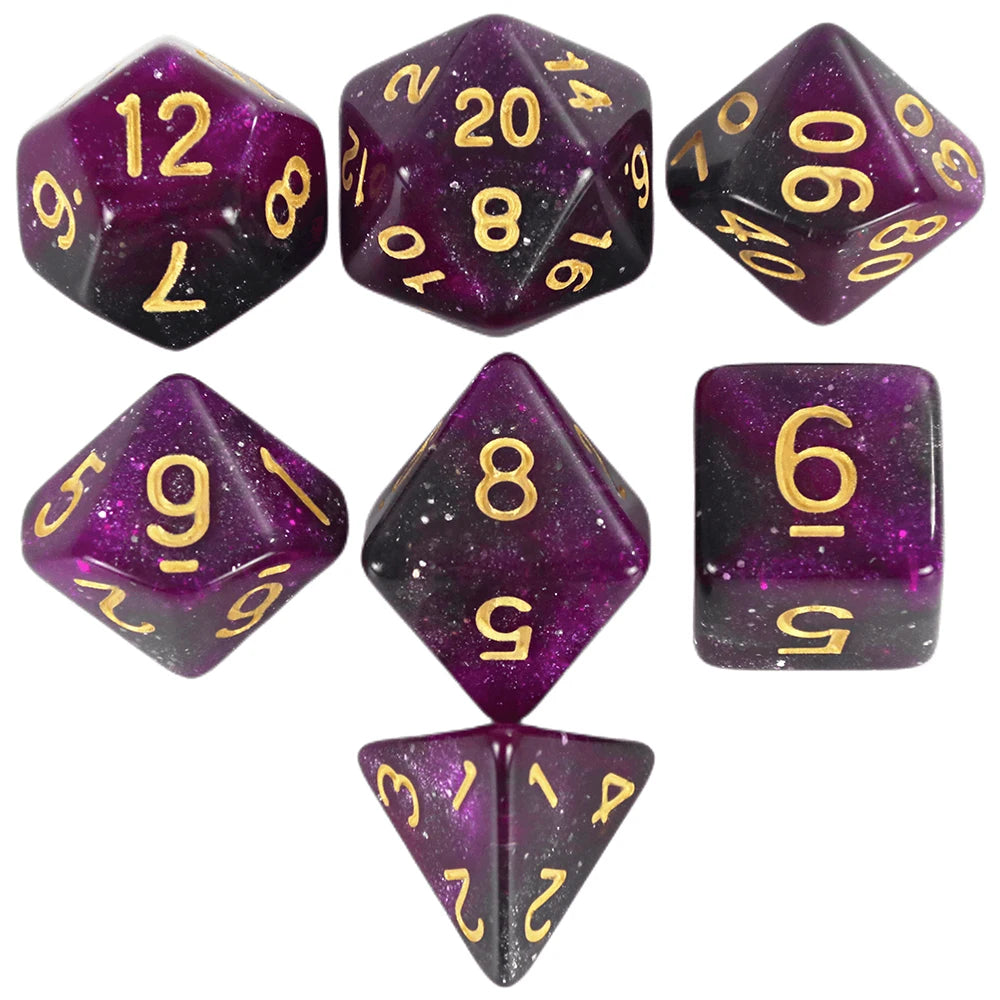 A set of polyhedral dice featuring a purple and black cosmic effect, including a dodecahedron, a twenty-sided die, a twenty-s