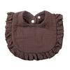 A dark brown ruffled muslin cotton baby bib with an adjustable snap closure.