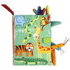 A colorful soft sensory cloth book featuring jungle animals like an elephant, giraffe, and tiger on a green background.