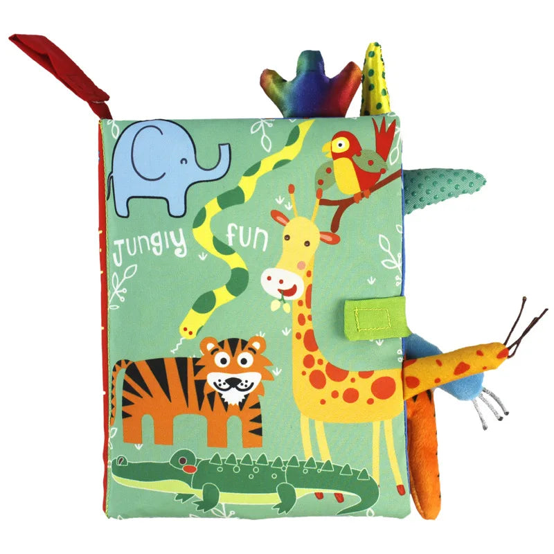A colorful soft sensory cloth book featuring jungle animals like an elephant, giraffe, and tiger on a green background.