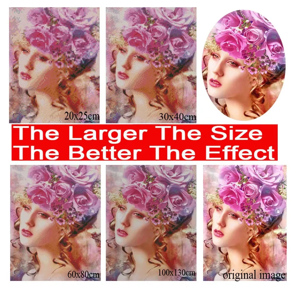 A comparison showing various sizes of a pink floral crown for a woman, demonstrating the effect of larger size on the visual 