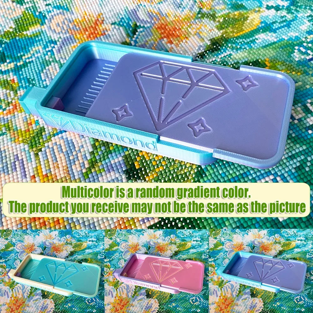 A purple diamond painting organizer tray is shown on a colorful background, demonstrating multicolor gradient color variation