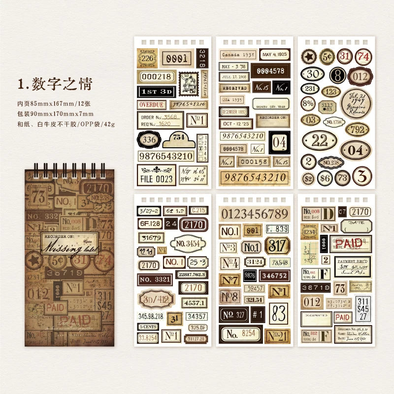 A collection of vintage-style labels and stickers for scrapbooking and journaling featuring various numbers and text.