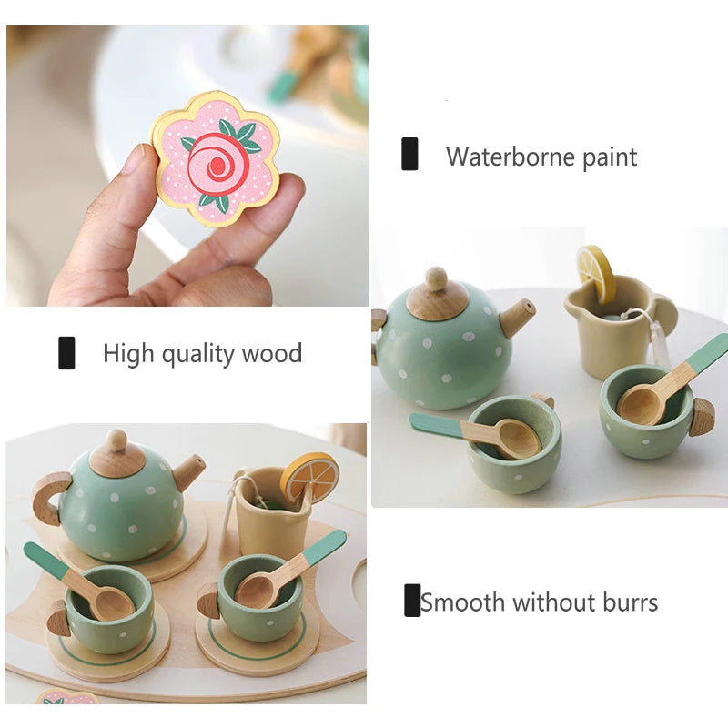 A set of green wooden tea pots and cups with watercolor paint, showing high quality wood and a smooth finish.