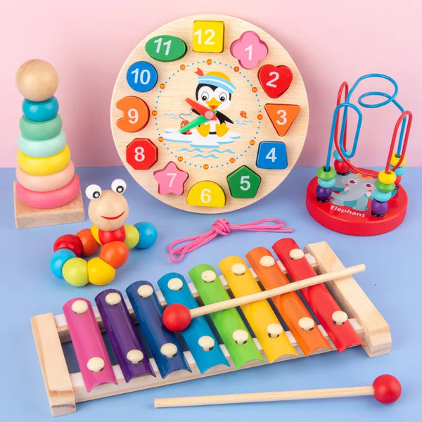 Jeu de puzzles en bois avec disques numérotés, éléphant jouet et bâton pour l'apprentissage précoce.