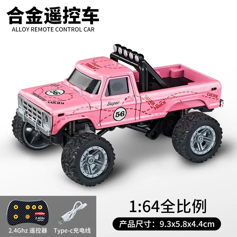 Pink 1:64 alloy remote control monster truck with off-road tires and LED lights