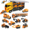 A yellow die-cast construction truck set featuring a transporter and various construction vehicles.