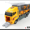 A yellow diecast construction vehicle playset with a cab and a cargo area filled with ten miniature yellow construction vehic