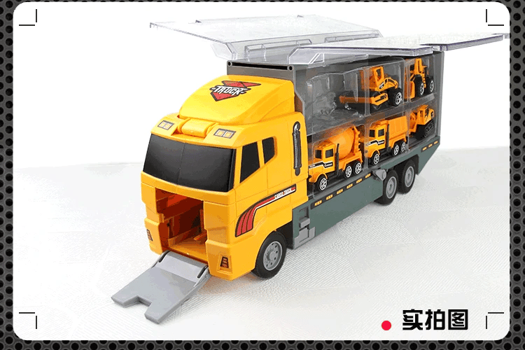 A yellow diecast construction vehicle playset with a cab and a cargo area filled with ten miniature yellow construction vehic
